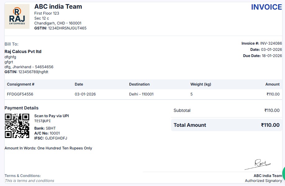 A professional invoice for courier services, detailing shipment information, charges, taxes, and a scannable UPI QR code for quick payment.