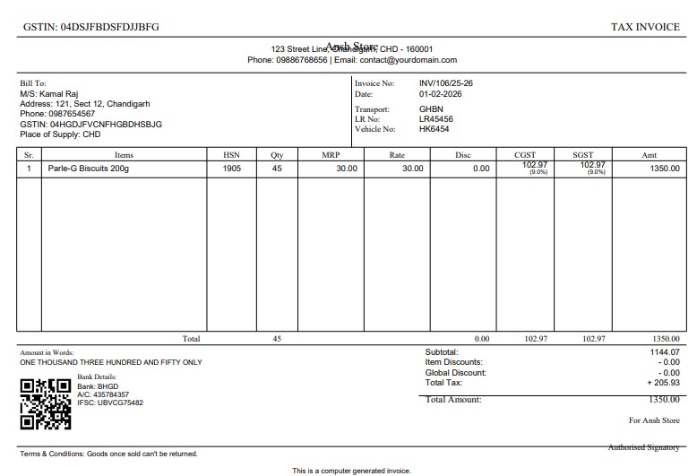 A professional GST-compliant invoice format generated by the software, with clear sections for item details, tax breakdown, and company branding.