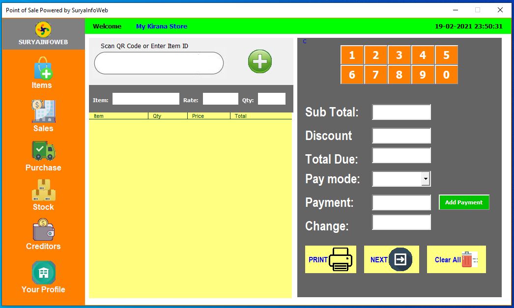 Dashboard of the POS billing software showing daily sales, top-selling products, and stock levels.