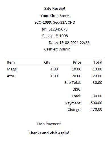 A thermal receipt printed from the POS billing software showing itemized list, total, and GST.