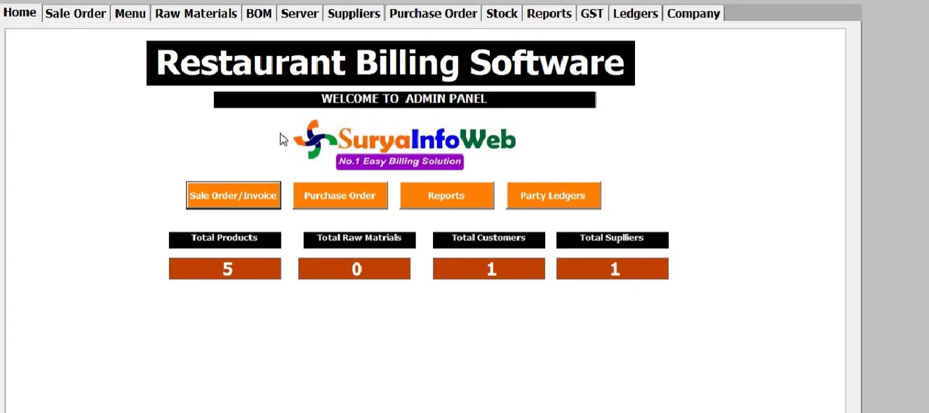 The main dashboard for the restaurant billing software displaying sales analytics, popular items, and live KOT status.