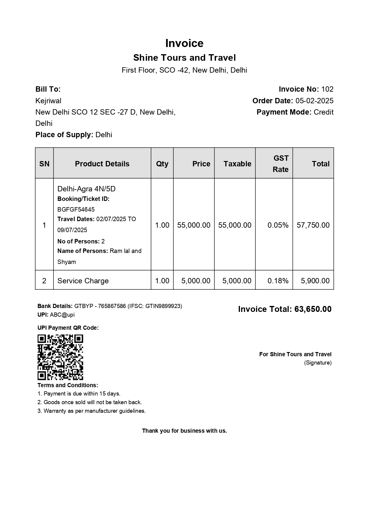 A professional invoice from the tour operator software for a travel package, with detailed itinerary and payment terms.