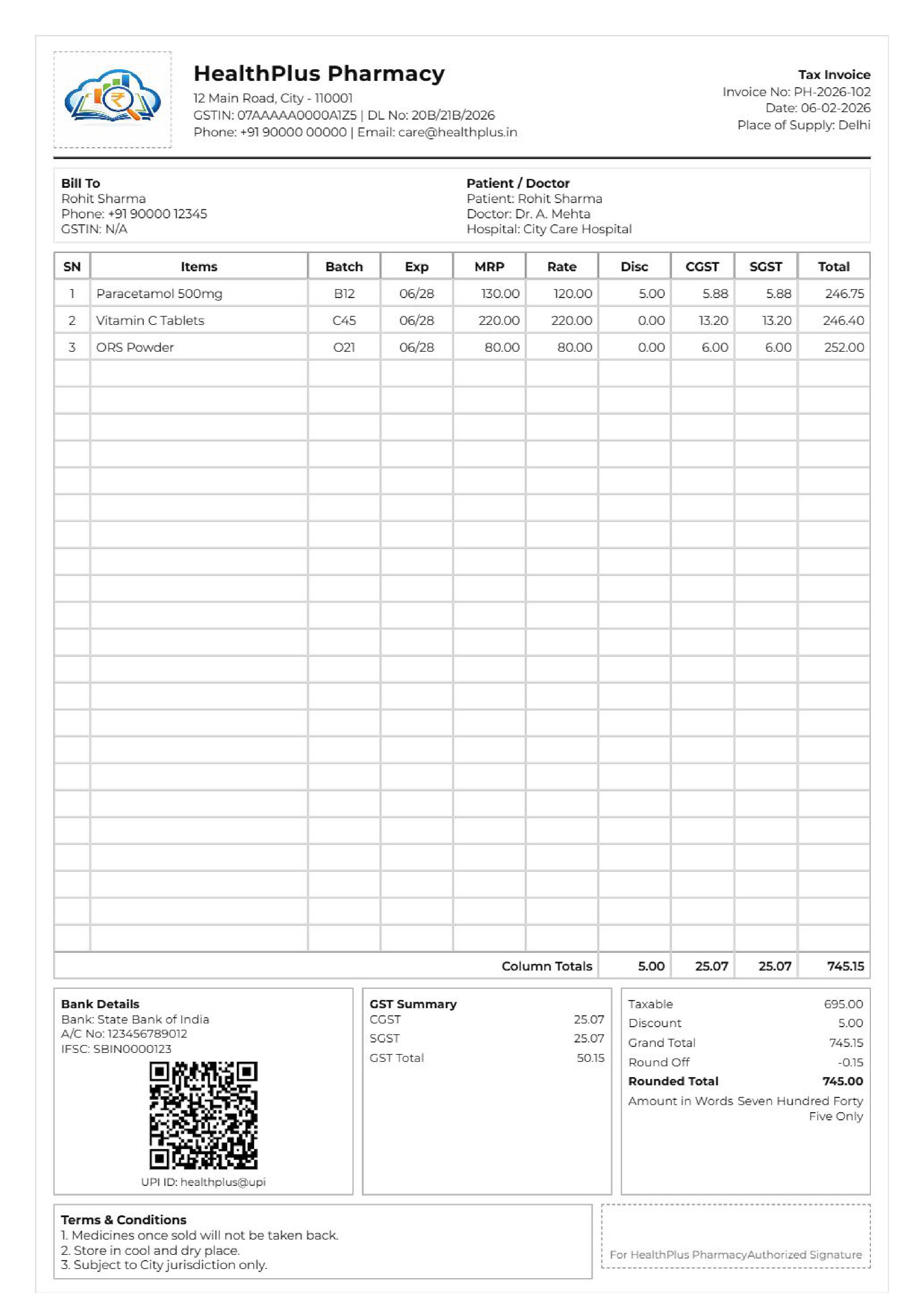 Pharmacy invoice format retail A4 GST sample for medical stores, showing doctor and patient details.