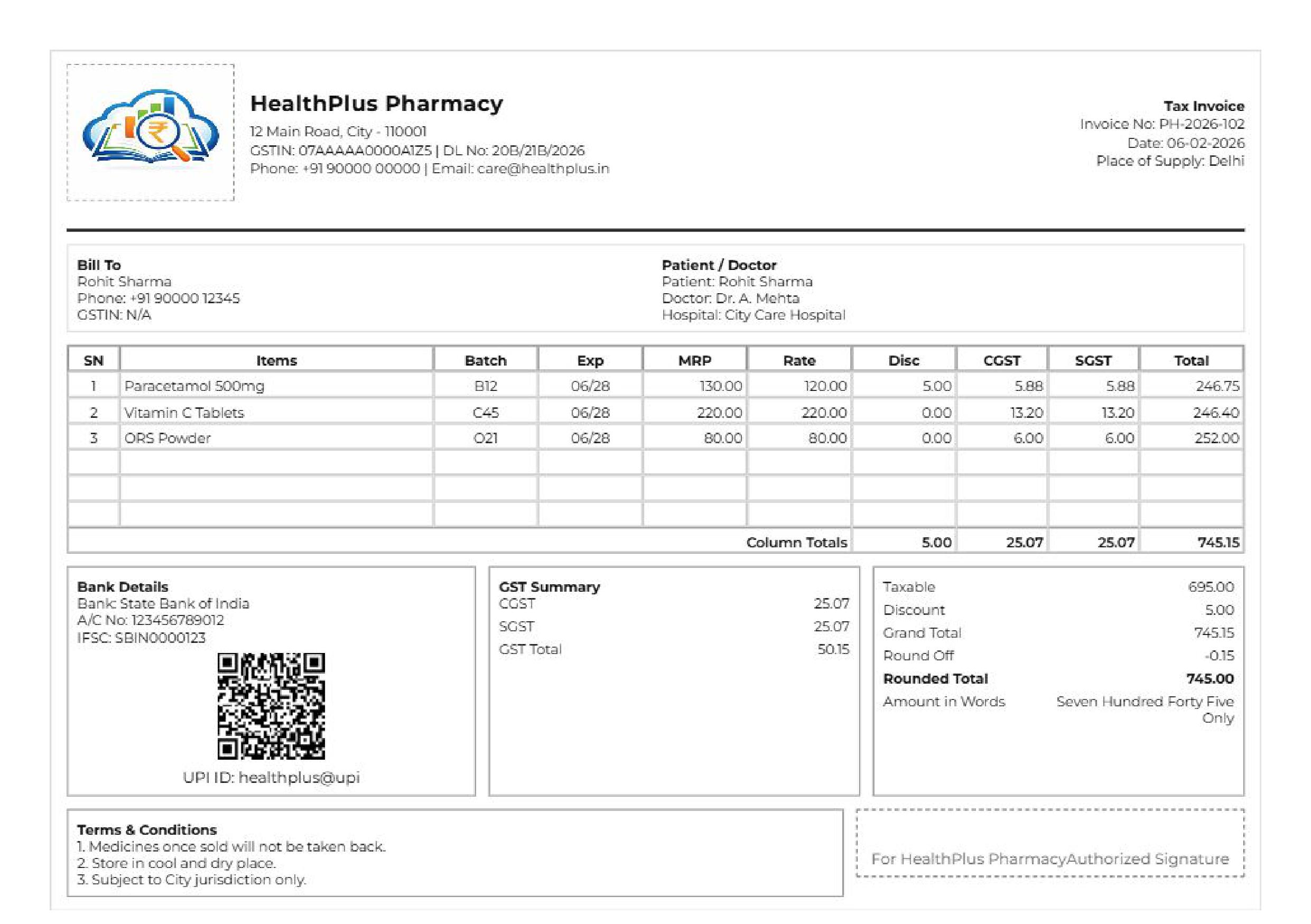 Compact A5 pharmacy invoice format GST sample, suitable for thermal printers in retail medical shops.