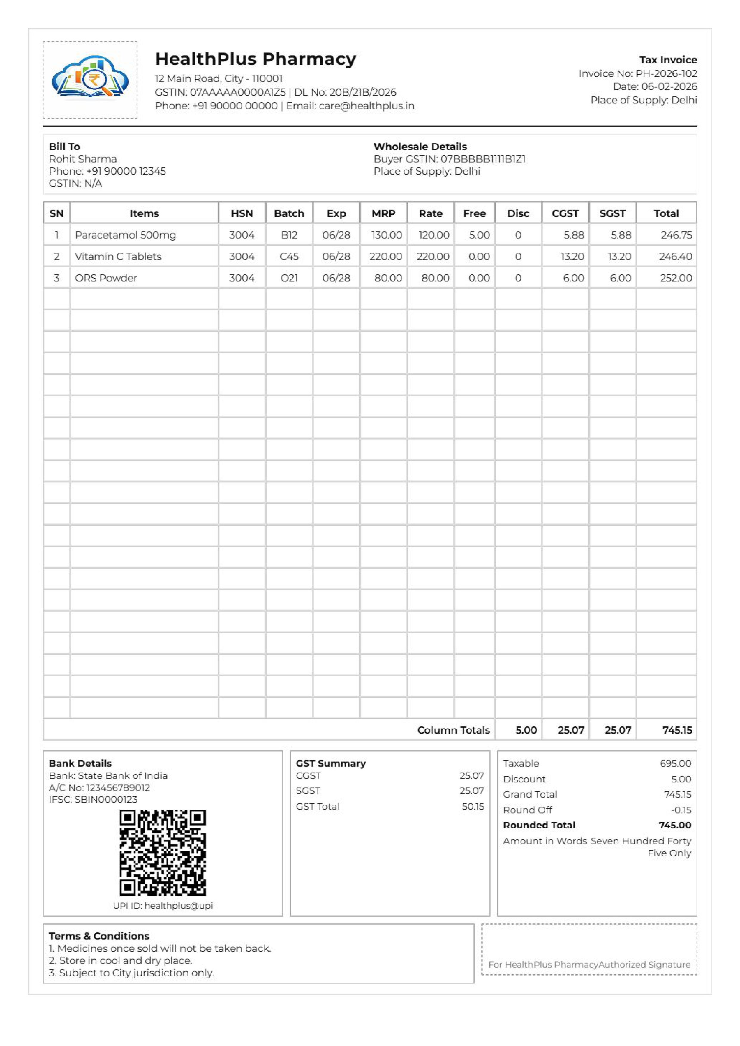 Wholesale pharmacy invoice format in A4 size for B2B drug distribution, including buyer GSTIN and HSN codes.