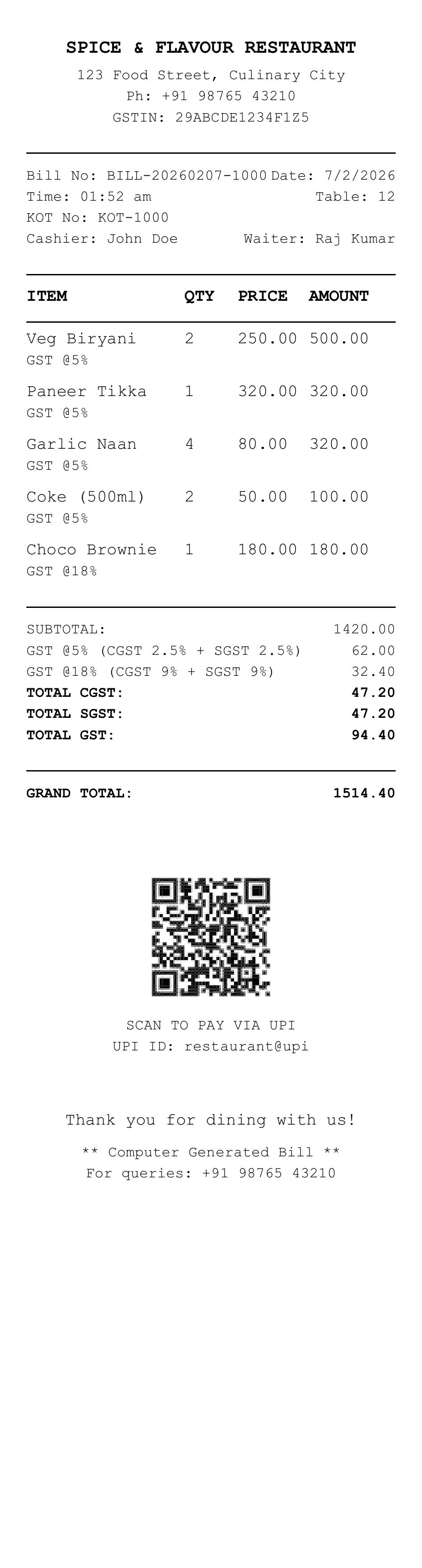 A detailed GST restaurant invoice format, including extra fields like service charge, discount, and HSN codes.