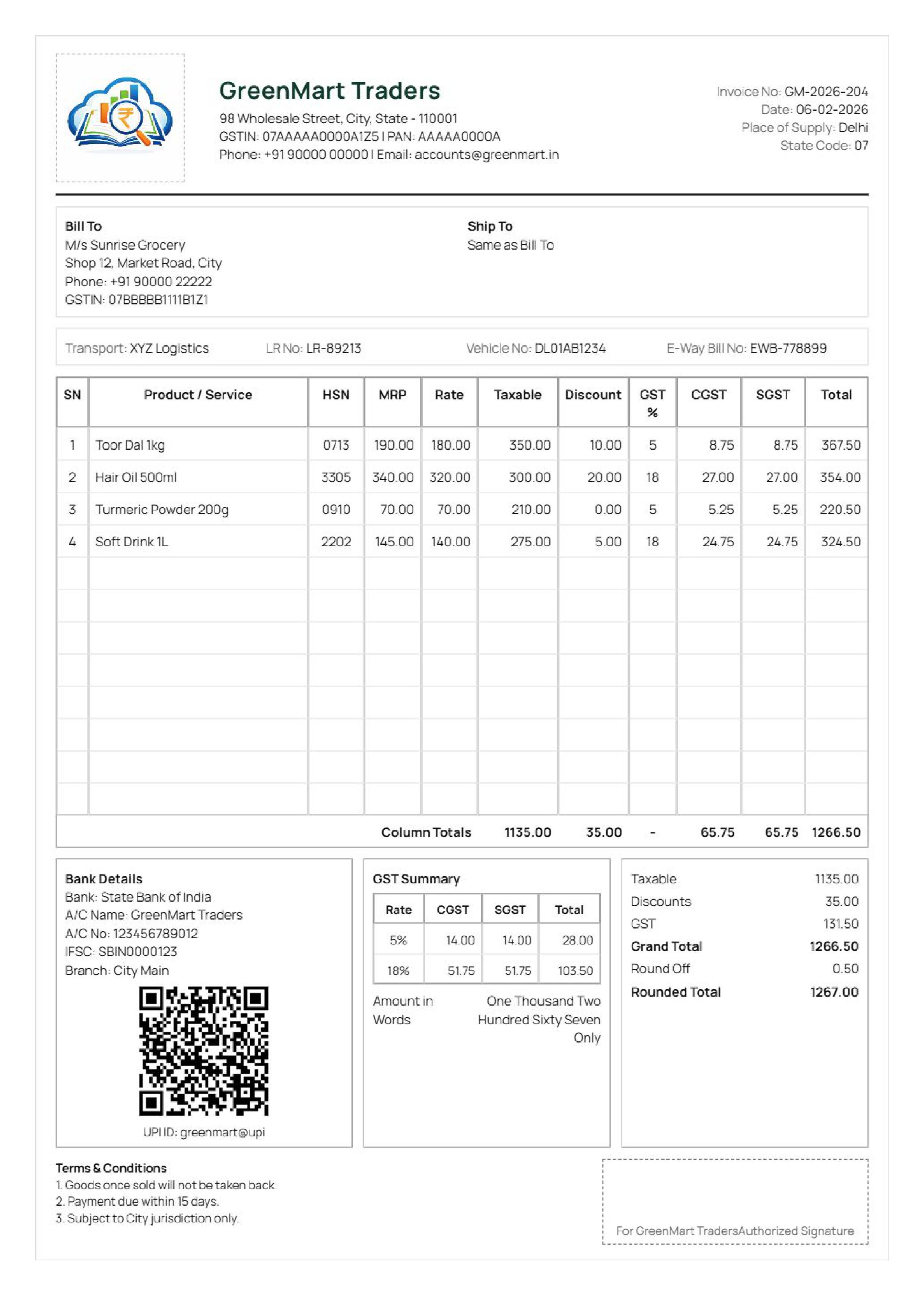 Tax invoice format India A4 GST sample showing all mandatory fields for a business.